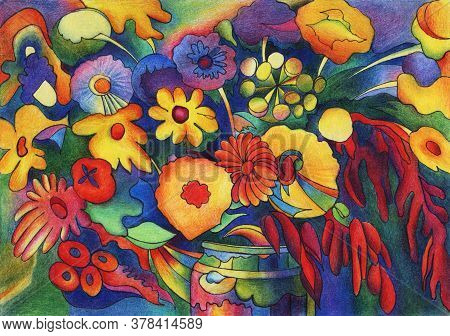 Beautiful Colorful Bouquet Of Multicolored Flowers In Ceramic Vase On Blue And Green Background. Abs