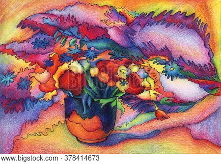 Beautiful Pink Bouquet Flower In Ceramic Vase On A Colourful Background. Abstract Illustration.