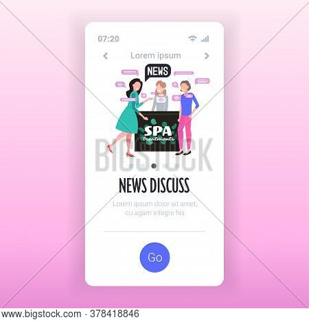 Women Clients With Spa Receptionist Discussing Daily News Chat Bubble Communication Concept Beauty S
