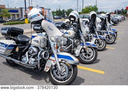 Ottawa, Ontario, Canada - July 3, 2020: A Row Of Five Parked Harley-davidson Motorcycles Used By The