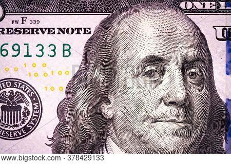 Fragment Of 100 Dollar Bill. Close Up Of American Currency. Us Dollar Background.. Macro Shot.