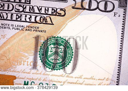 Fragment Of 100 Dollar Bill. Close Up Of American Currency. Us Dollar Background.. Macro Shot.
