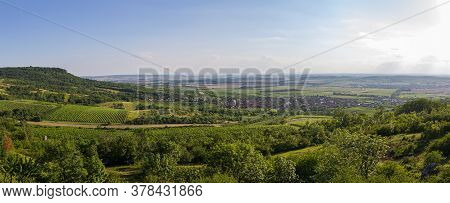 Panoramic View To Vineyard Landscape With Hills And Small Village Perna, Palava Czech Republic
