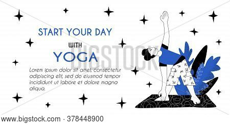 Banner For Web Page Template. Meditation Yoga Classes Online Advertising. Girl Is Doing Triangle Asa