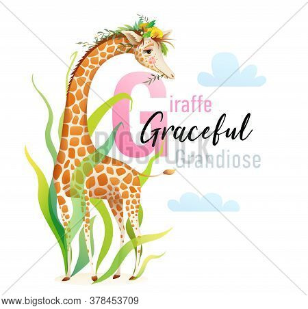 G Is For Giraffe, Animal Abc Picture Book. Cute African Giraffe In Nature With Flowers And Grass Cha