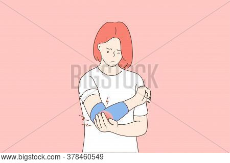 Health, Care, Medicine, Pain, Trauma Concept. Young Unhappy Woman Girl Cartoon Character Holding Mas