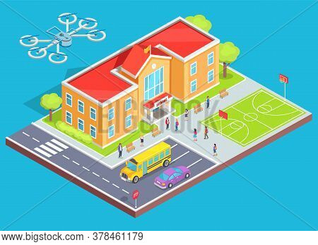 Quadcopter Flying Over School Building, Pupils In Education Place, Bus And Car Going By Road. Drone 