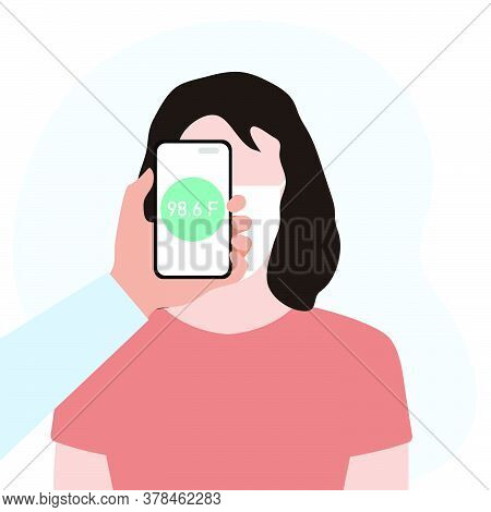 Vector Illustration Phone Placed On Forehead Of Person Remotely Measures Temperature. New Technology