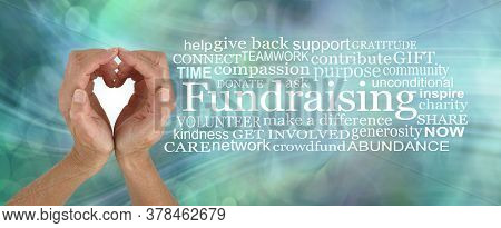 Give With Love Fundraising Campaign Word Cloud - Female Hands Making A Heart Shape Beside A Fundrais