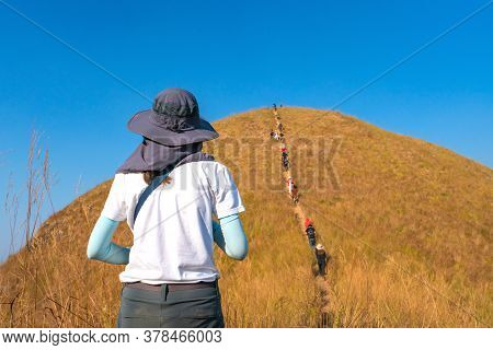 Traveler Female Hiking Enjoying In The Mountains At Khao Chang Puak Mountain Thailand