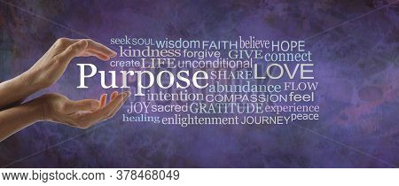 Life Purpose Wise Words Tag Cloud - Female Hands Cupped Around The Word Purpose Beside A Relevant Wo