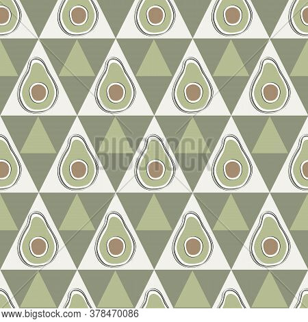 Vector Vegetables Avacados On White And Green Triangles Seamless Repeat Pattern. Background For Text