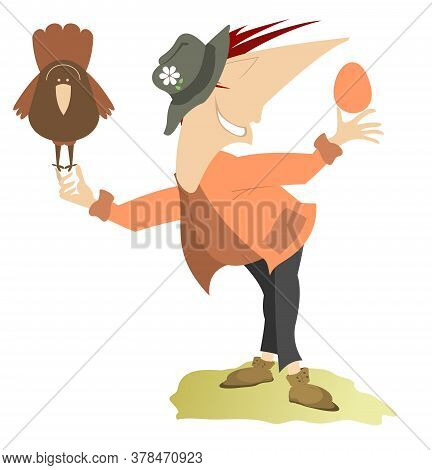 Cartoon Man, Chicken And Egg Illustration. Funny Smiling Man With A Flower In The Hat Holds A Chicke