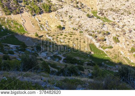 Landscape View From Mountains Above Ivan Dolac On Hvar Island In Croatia.