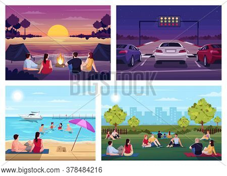 Summer Recreation Semi Flat Vector Illustration Set. Watch Sunset In Camp On Sea Beach. Public Urban