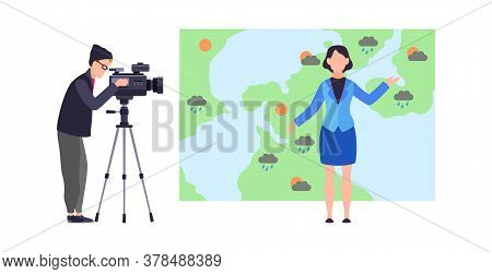 Weather Forecast. Woman Meteorologist Reporter Standing On Background Of Map With Microphone And Mal
