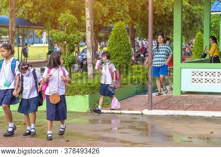 Kanchanaburi,thailand-july 2,2020:thai Students Wear Various Medical Masks To Prevent Themselves Fro