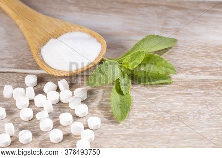 Natural Sweetener In Pills Of Stevia Plant - Stevia Rebaudiana.