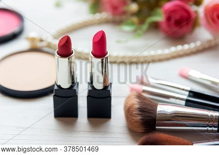Makeup Beauty Cosmetic Fashion Set Background. Cosmetics Woman Bag Product Facial, Lipstick, Rose Fl