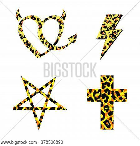 Group Of Four Vector Symbols With Animal Print. Vector Heart, Lightning, Star And Cross Isolated On 