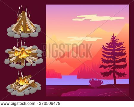 Abstract Nature Landscape. Mountain And Forest Fire. Campfire Set Realistic Design Vector Poster. Na