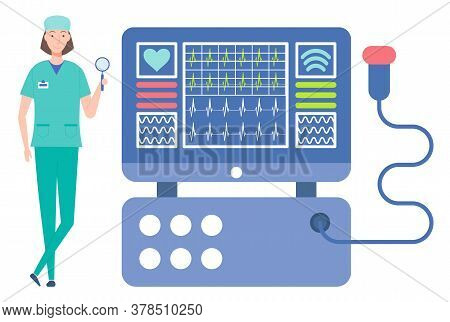 Cardiologist Woman With Magnifying Glass. Cardiograph Tool, Medical Equipment For Checking Heartbeat