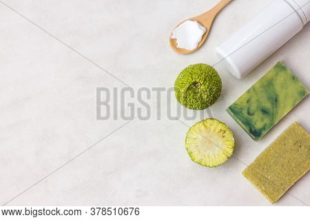 Green Natural Soap From The Fruit Of Chinese Orange Or Osage Orange And A Bottle For Cream, Copy Spa