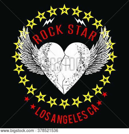 Vector Design For T-shirt Of A White Heart With White Wings, With A Circle Of Yellow Stars And Red L