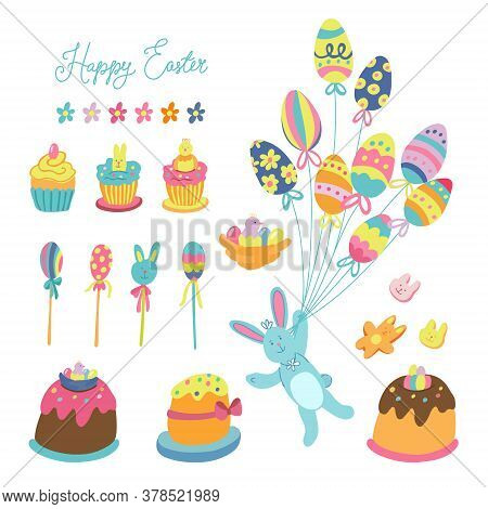 Big Set Of Easter Decorations And Treats. There Are Cupcakes, Cakes, Lollipops, Biscuits, Flowers, J