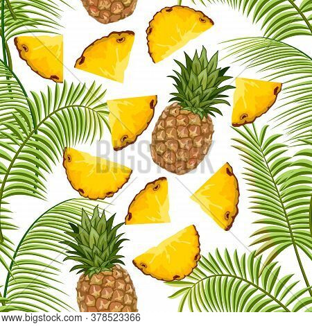 Colored Pattern With Pineapples.pineapples And Palm Leaves In A Colored Pattern.
