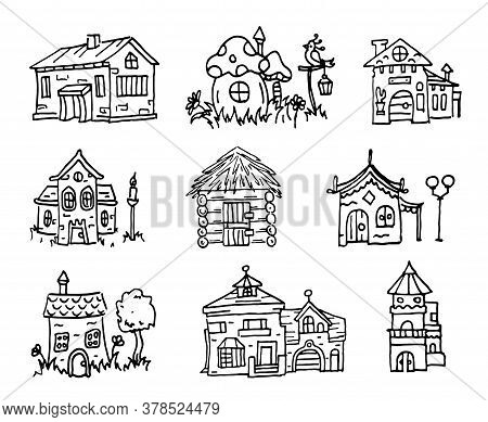 Cartoon Houses Set, Black Outline Buildings Collection, Magic House, Wooden, Mushroom Silhouette Lin