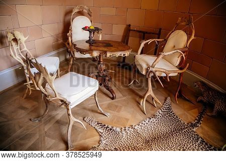 Castle Interior. Mule Deer Antler Furniture In The Tearoom. Castle Bitov, South Moravia Region, Czec