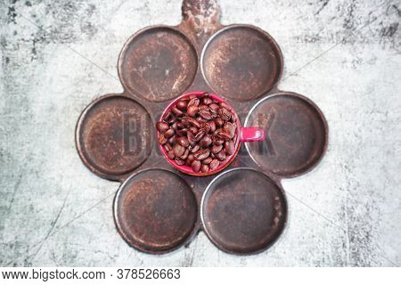 Old Vintage Antique Pan And Ceramic Espresso Cup With Coffee Beans
