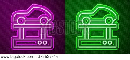 Glowing Neon Line Repair Car On A Lift Icon Isolated On Purple And Green Background. Repair Of The U