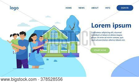 Happy Young Family Standing In Front Of House Flat Vector Illustration. Cartoon Mother, Father And K