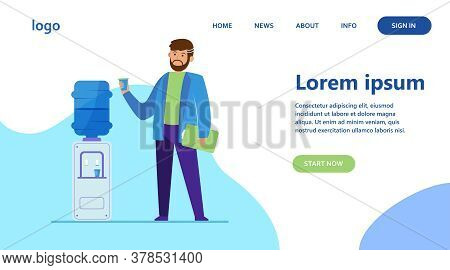 Man Drinking Water At Cooler. Office Employee, Worker, Work Break Flat Vector Illustration. Beverage