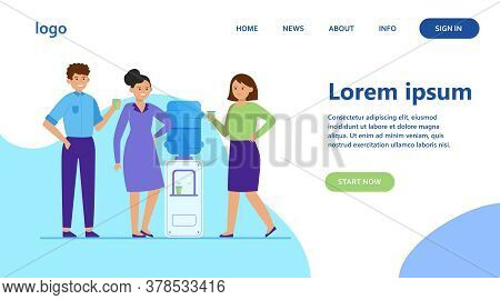 Positive People Drinking Water At Cooler. Office Colleagues, Chatting, Break Flat Vector Illustratio