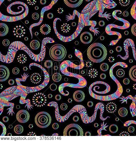 Variagated Lizards And Snakes Seamless Pattern, Isolated On Dblack Background.