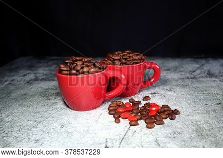 Ceramic Espresso Cups With Lot Of Coffee Beans