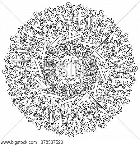 Unusual Cat Black And White Mandala  Stock Vector Illustration. Funny Antistress Mandala Coloring Pa