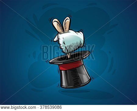 Magical focus trick. Cartoon hand of magician gets ears of hare rabbit from top hat cylinder. Hand drawn draft sketch, on blue background. Illustration.