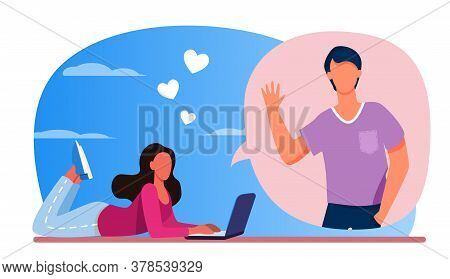 Romantic Woman Chatting With Boyfriend Via Laptop. Computer, Boyfriend, Couple Flat Vector Illustrat