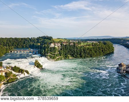 Aerial Panorama By Drone Of Rhine Falls With Schloss Laufen Castle, Switzerland. Rhine Falls Is The 