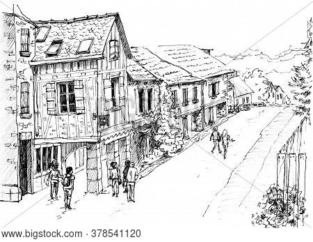 Old European Village. French Village. Najac France. Ink Sketch. Rural Landscape. Place Of Tourism