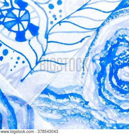 Cold Ornamental Art. Weather Sky Print. Artistic Space Cold Textile. Clouds Ice Damask Motif. Blue O