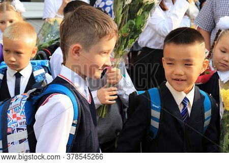 Moscow, Russia - September, 1 2017: The First Call, Children Go To School For The First Time On Sept