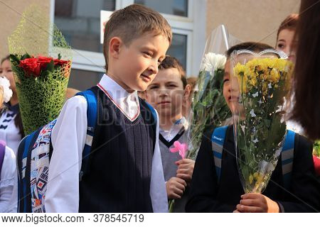 Moscow, Russia - September, 1 2017: The First Call, Children Go To School For The First Time On Sept