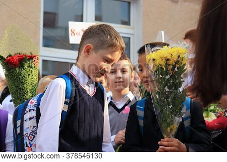 Moscow, Russia - September, 1 2017: The First Call, Children Go To School For The First Time On Sept
