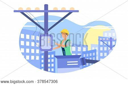 Electrician In The Tap Repairing An Electrical System In A Big City On A Blue Background With High R