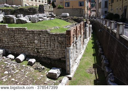 Ruins of the roman temple called Capitolium or Tempio Capitolino in Brescia in italy
